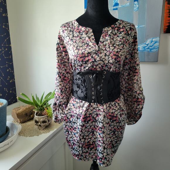 Daniel Rainn Floral Split Neck Tunic Blouse 1X – High Low Hem, Roll Tab Sleeves - Picture 1 of 12